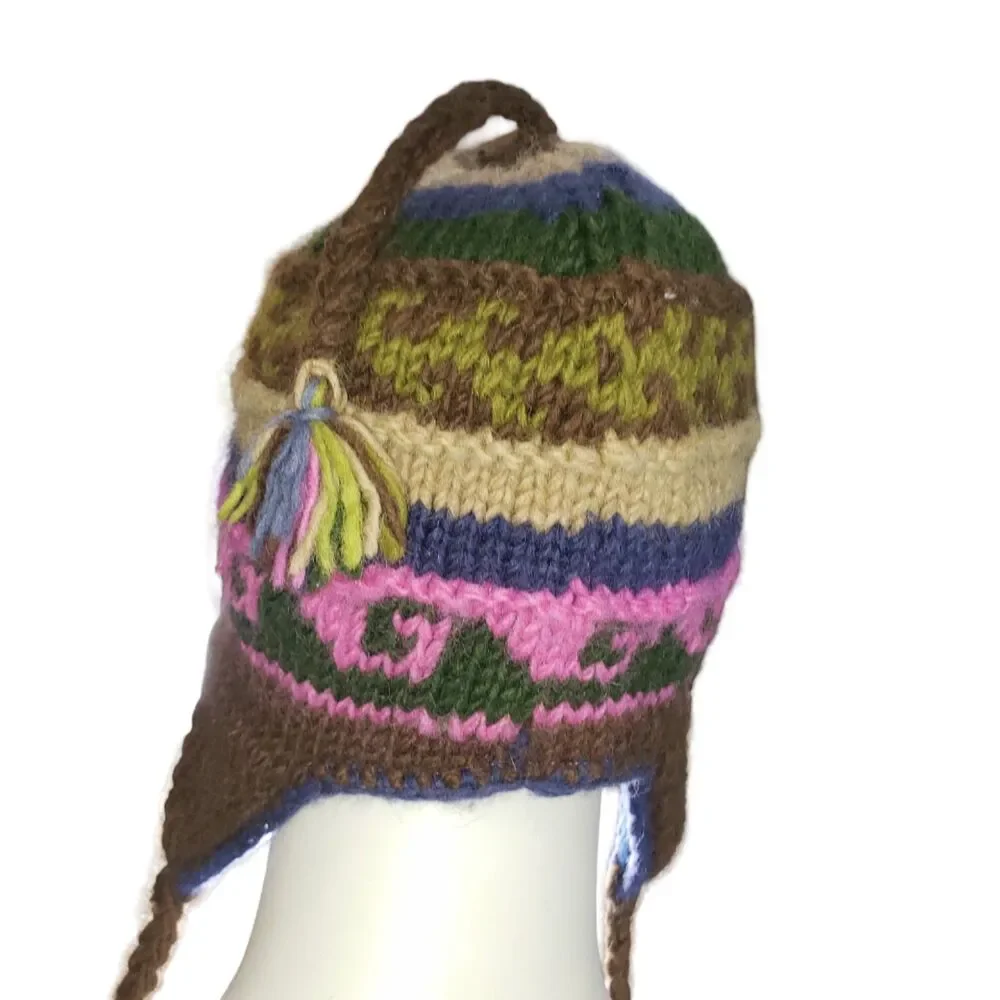 Multicolor Wool Winter Trapper Hat with Braided Tassles Unisex Made In Nepal